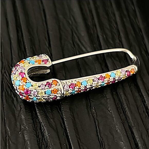 Silver Multicolor Rhinestone Safety-pin Earring, Minimalist, Punk - Picture 3 of 5